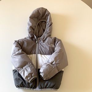 The North Face grey and white infant puffer coat